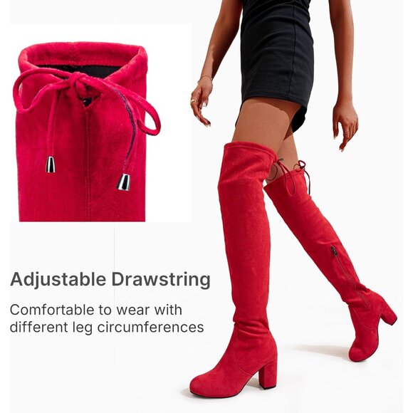 Women's Red Suede Chunky Heels Zipper Over The Knee High Adjustable Opening Boot - Picture 5 of 9